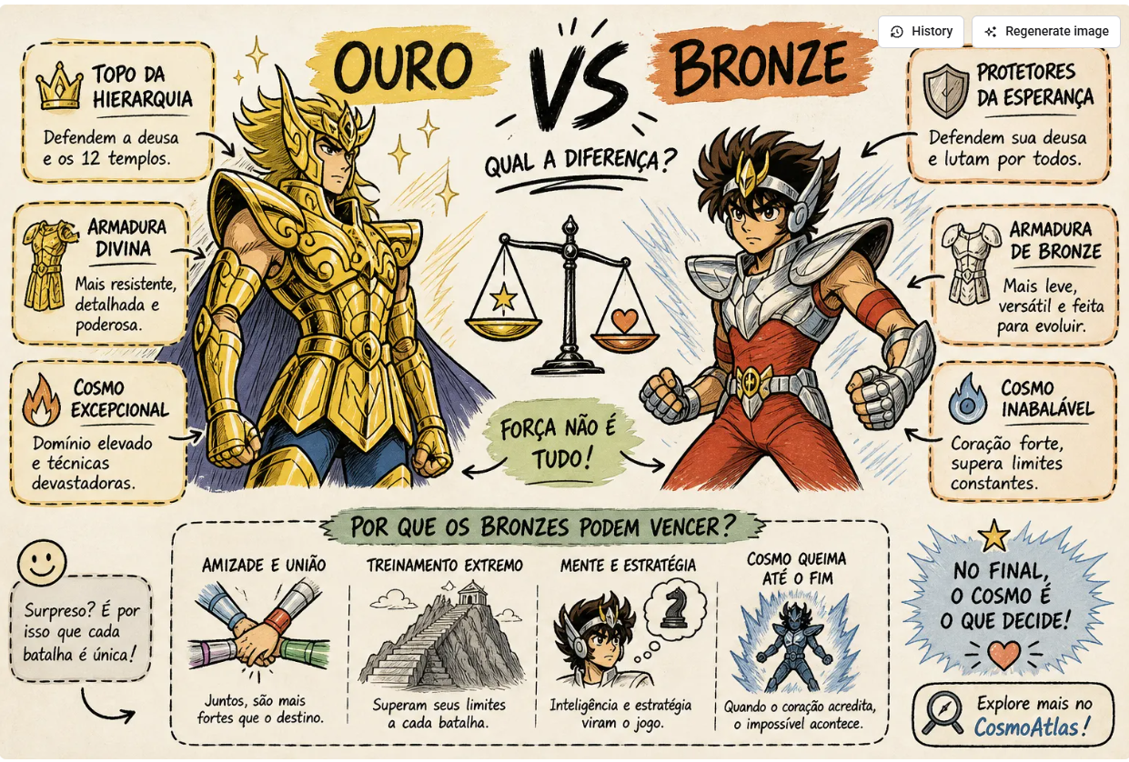 Infográfico comparando Cavaleiros de Ouro e de Bronze: armadura de Ouro ao lado de Seiya de Bronze, com os quatro motivos pelos quais os Bronzes conseguem vencer — união, treinamento extremo, estratégia e Cosmo em evolução.