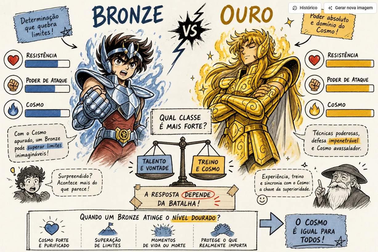 Infográfico comparando resistência, poder de ataque e Cosmo entre Cavaleiros de Bronze e de Ouro, com a conclusão de que a classe mais forte depende da batalha.